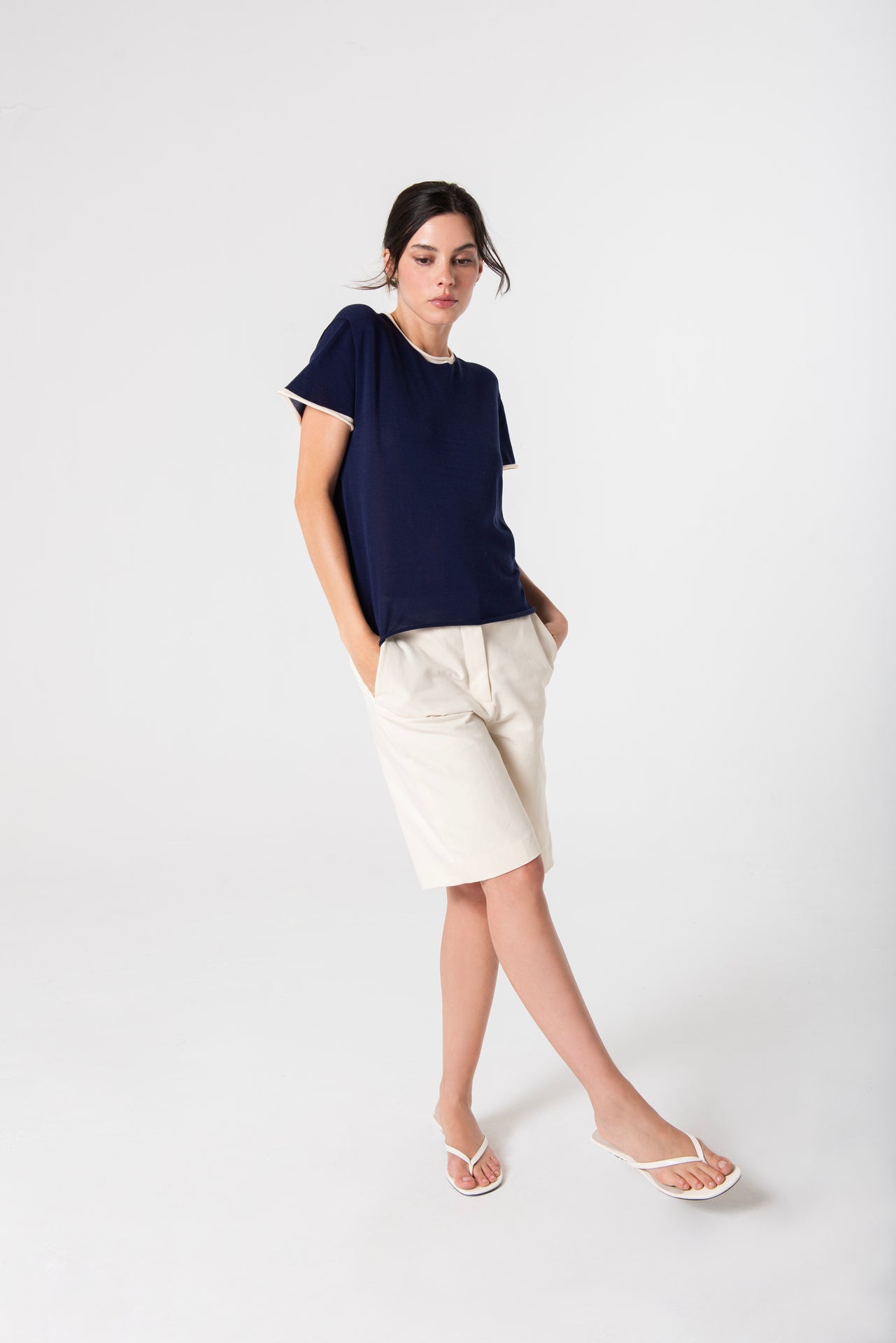Silk Roll-Edge Tee - Navy