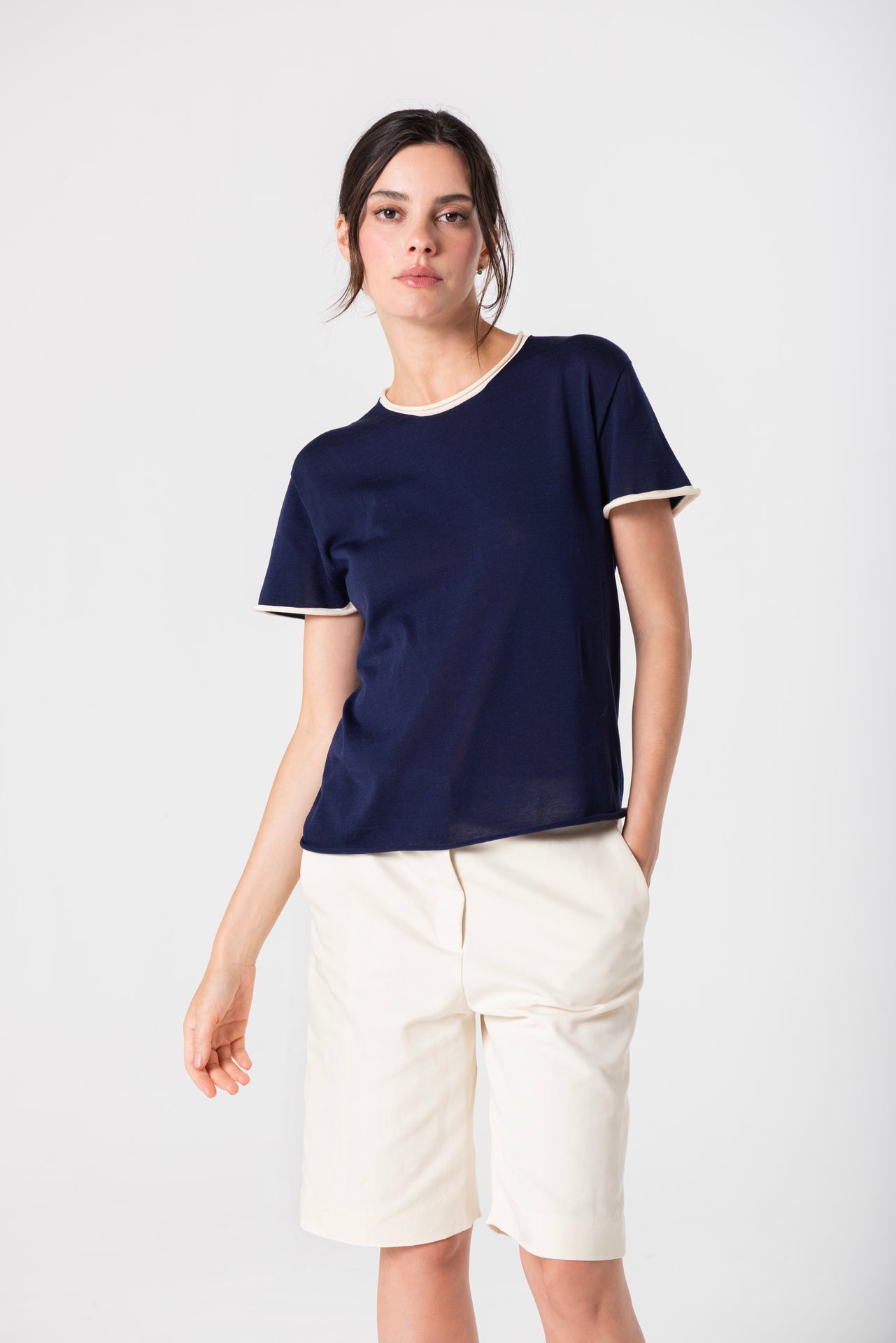 Silk Roll-Edge Tee - Navy