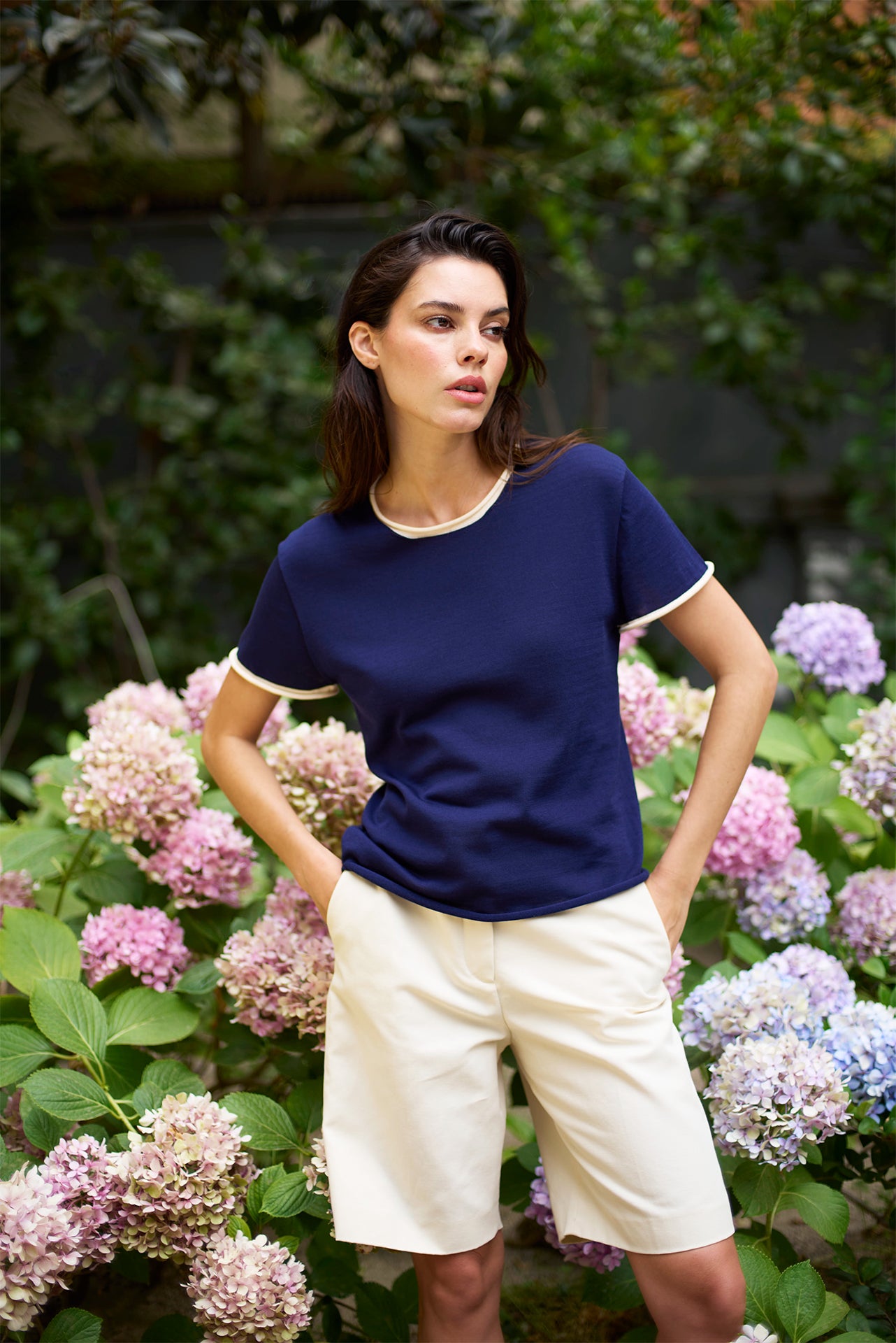 Silk Roll-Edge Tee - Navy