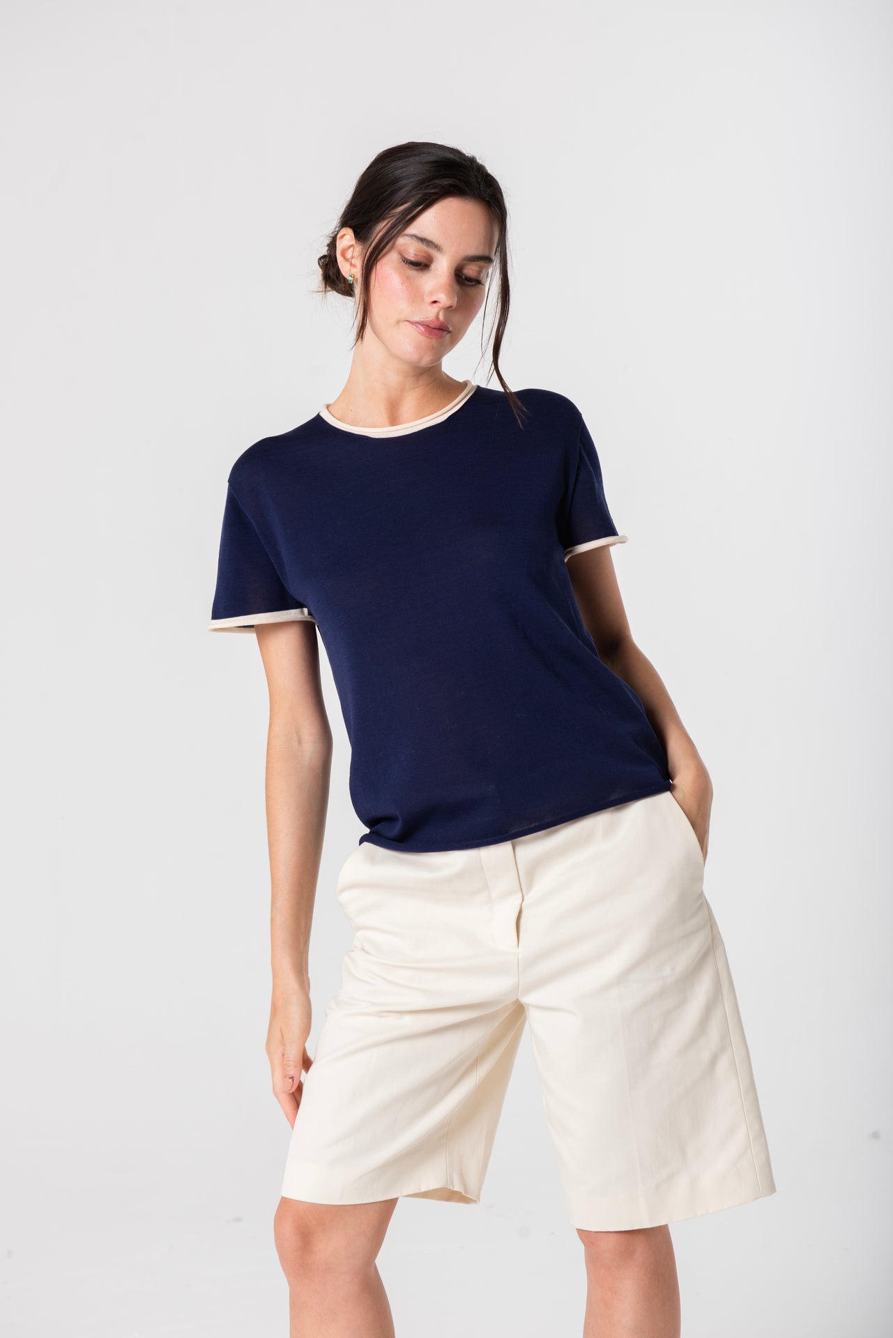 Silk Roll-Edge Tee - Navy