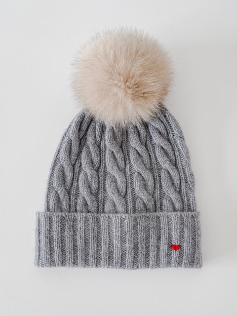 Grey Melange Cable Beanie - A Touch of Red